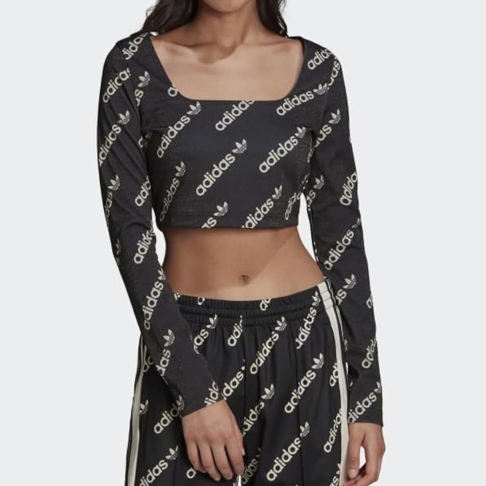 NWT limited edition adidas shimmery slinky long sleeve crop top with square neck